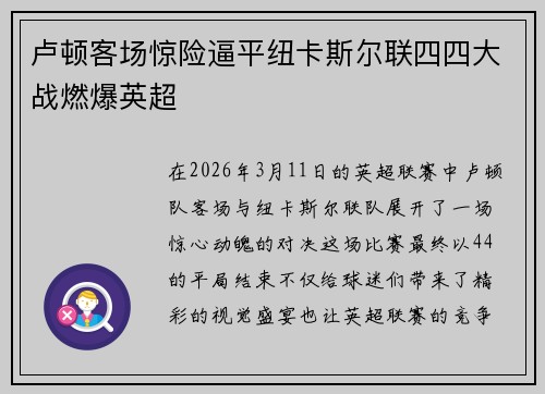 卢顿客场惊险逼平纽卡斯尔联四四大战燃爆英超 卢顿客场惊险逼平纽卡斯尔联四四大战燃爆英超